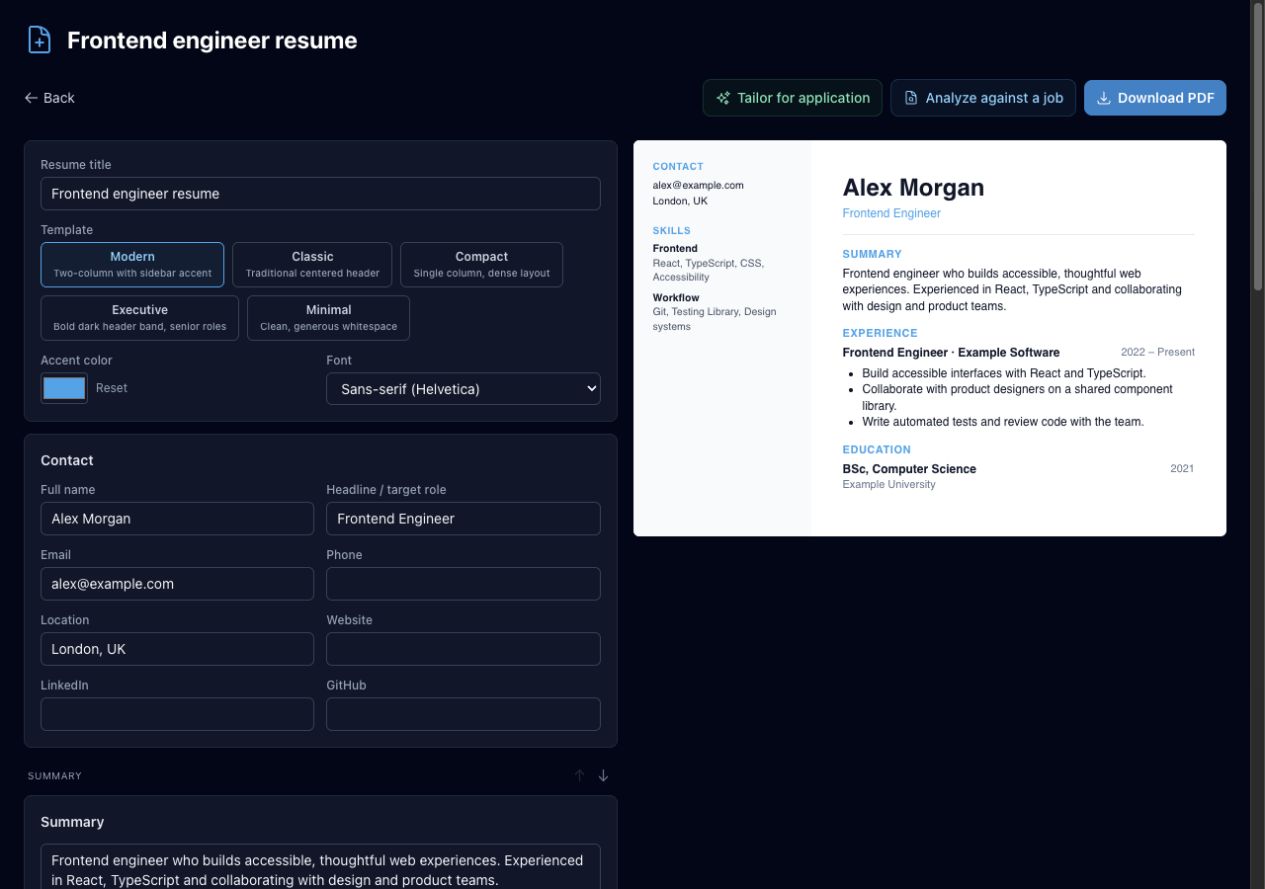 JobTrackr resume builder showing template controls, editable contact details and a sample resume preview