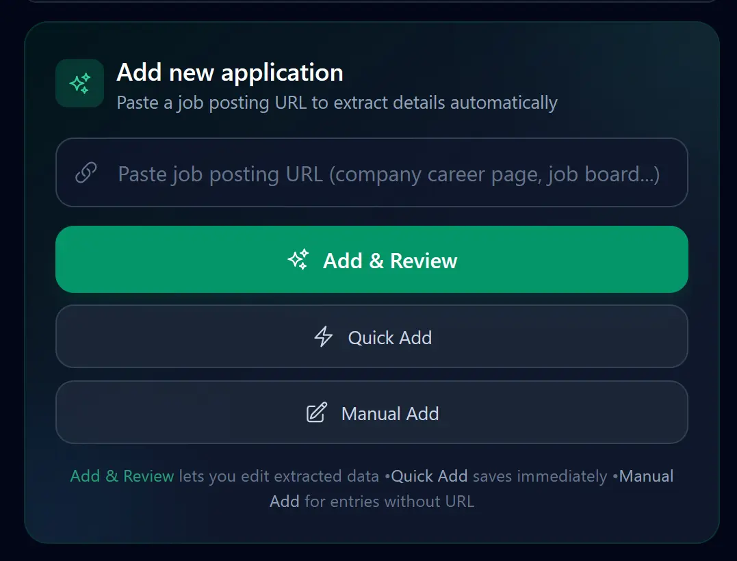 Job import form for saving an application from a job posting link