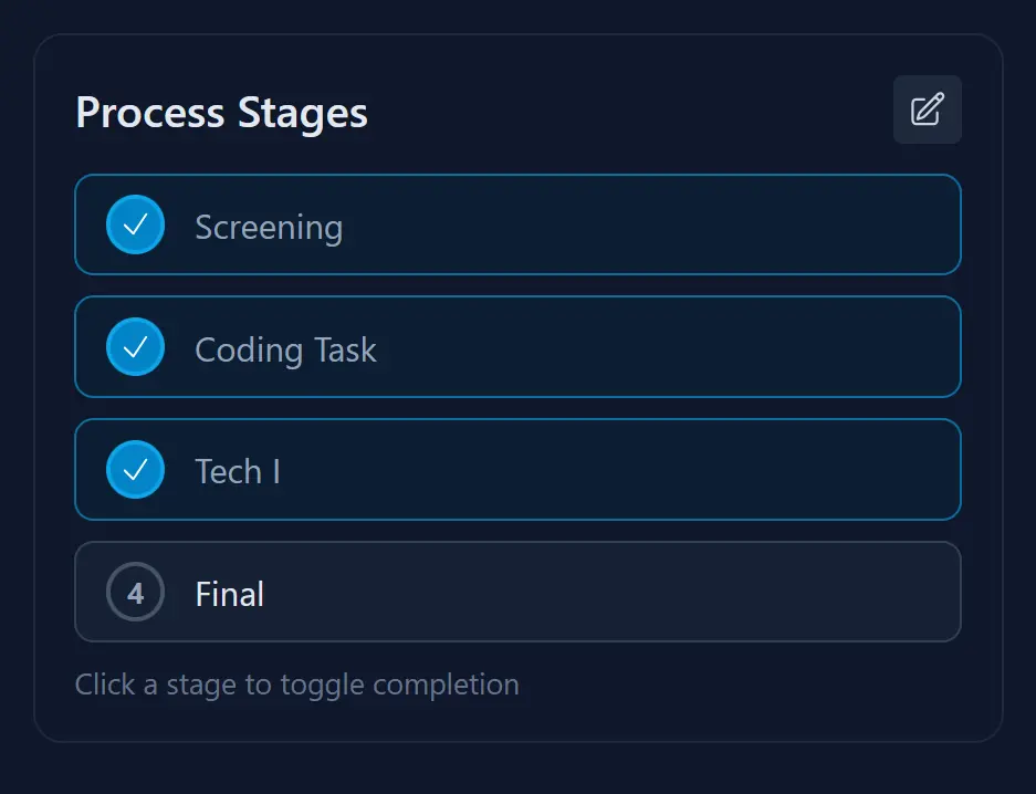 Saved job applications with status labels and interview stages