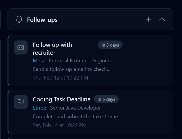 Follow-up reminders with due dates and upcoming tasks
